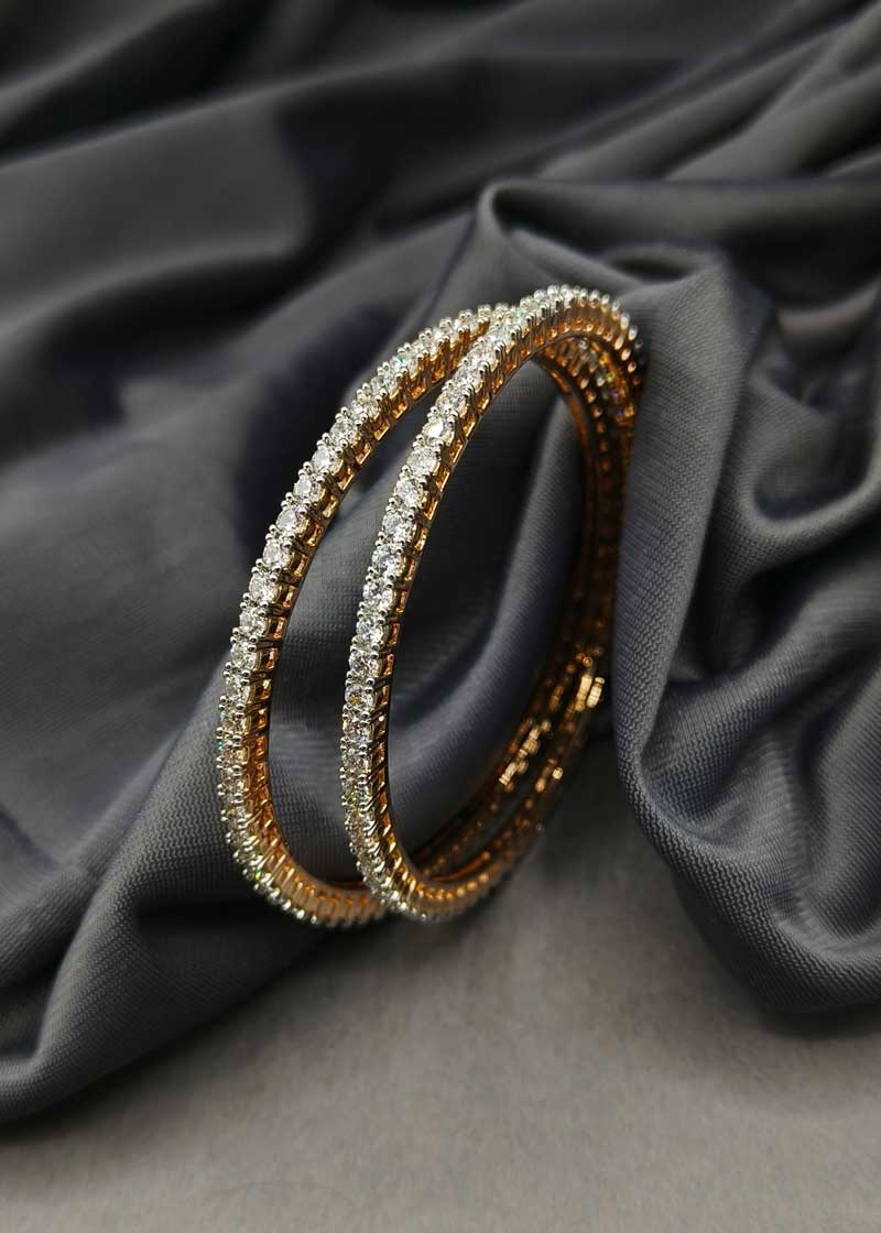 Elegant Trio Plated Solitaire Style Cubic Zircon Fixed Bangle (Pair)