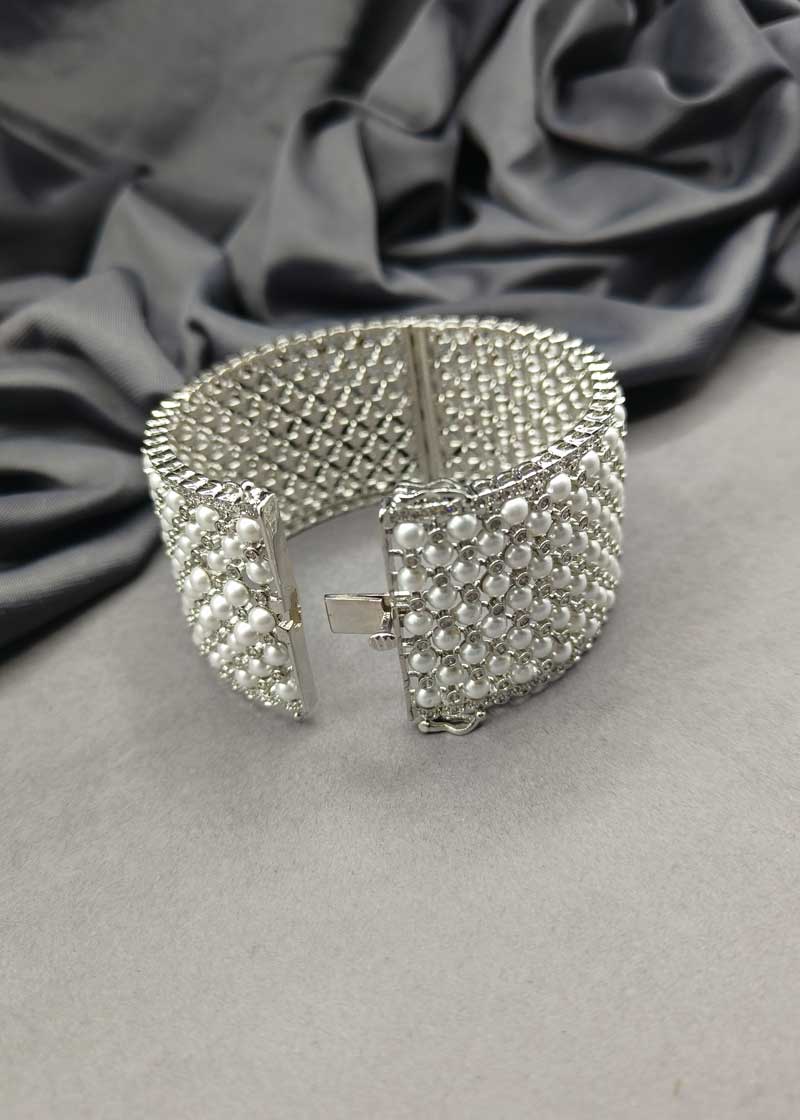 Dual Plated Pearl And Cubic Zircon Wide Openable Kada Style Bangle For Women
