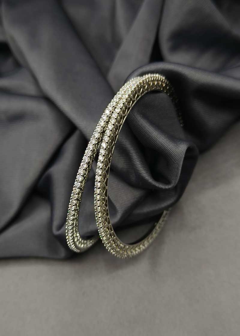 Versatile Trio Plated Solitaire Line Cubic Zircon Tennis Style Fixed Bangle (Pair)