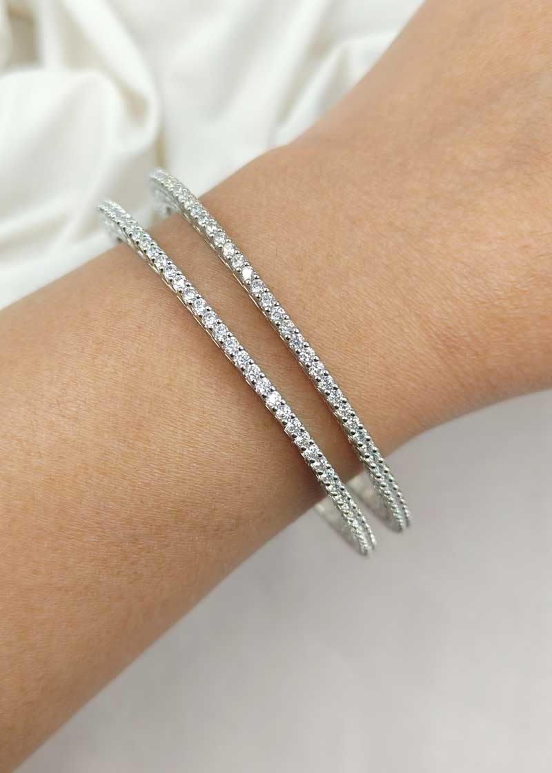 Versatile Trio Plated Solitaire Line Cubic Zircon Tennis Style Fixed Bangle (Pair)