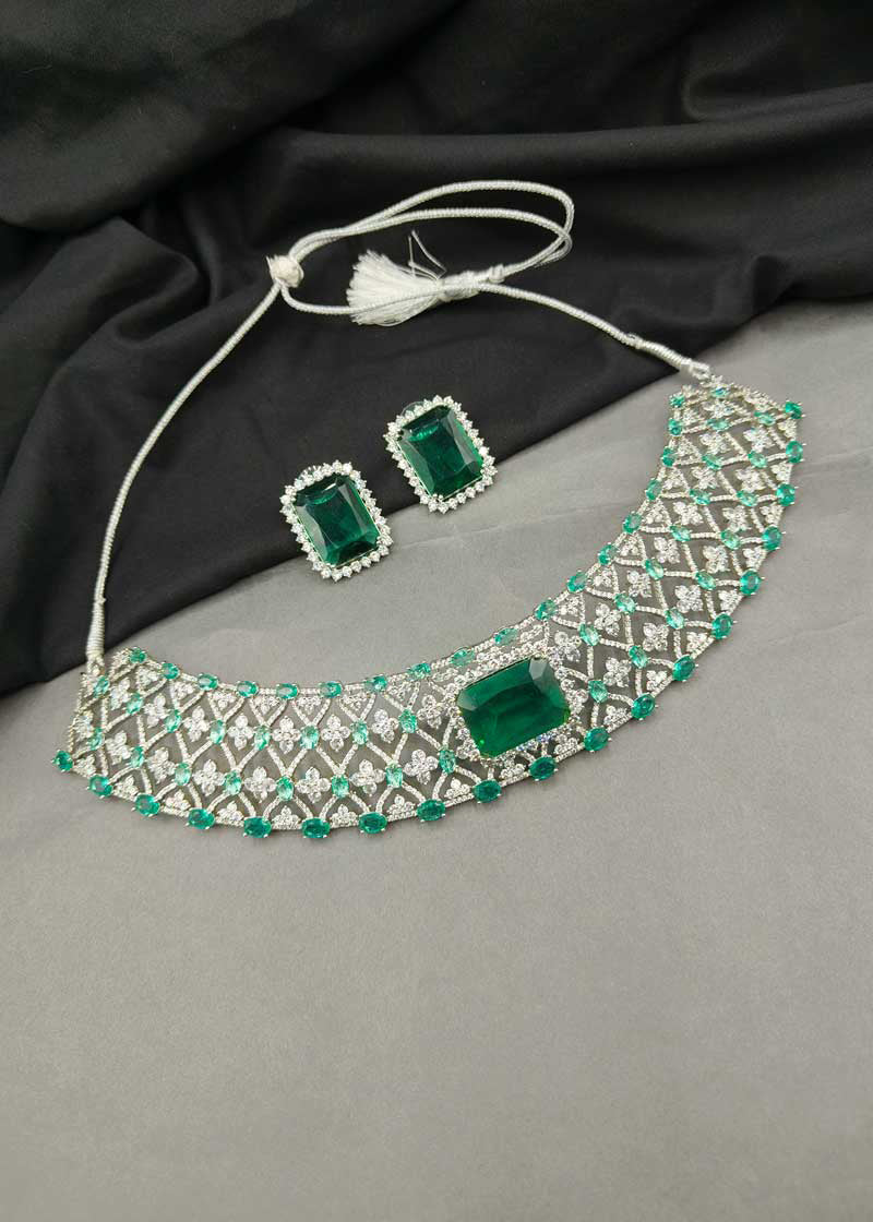 Luxury Emerald Cut Cubic Zircon Silver Plated Choker Necklace Set