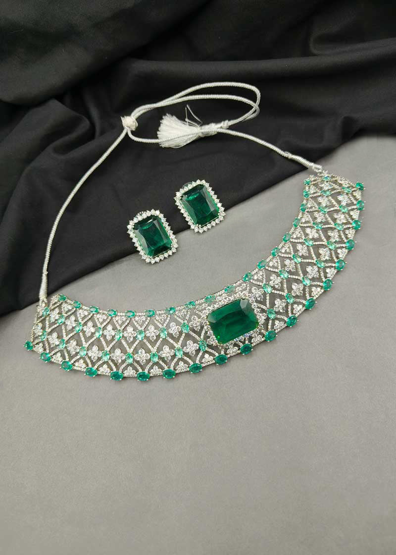 Luxury Emerald Cut Cubic Zircon Silver Plated Choker Necklace Set