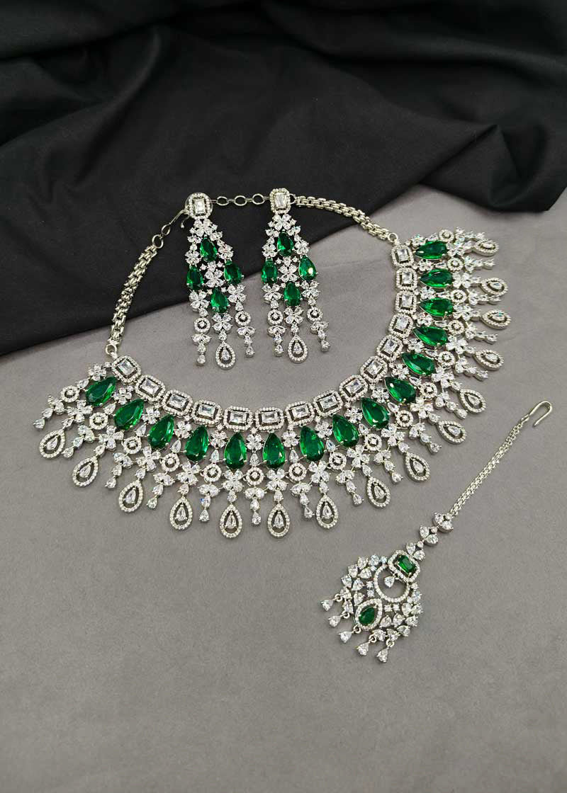 Royal Green Teardrop And Cubic Zircon Silver Plated Choker Set With Maang Tikka