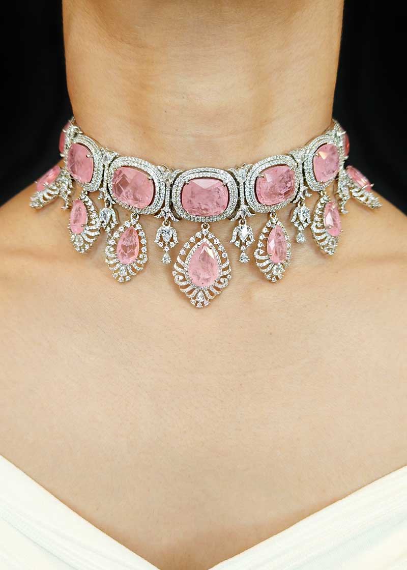 Elegant Teardrop Pestle Pink Cubic Zircon Silver Plated Choker Necklace Set