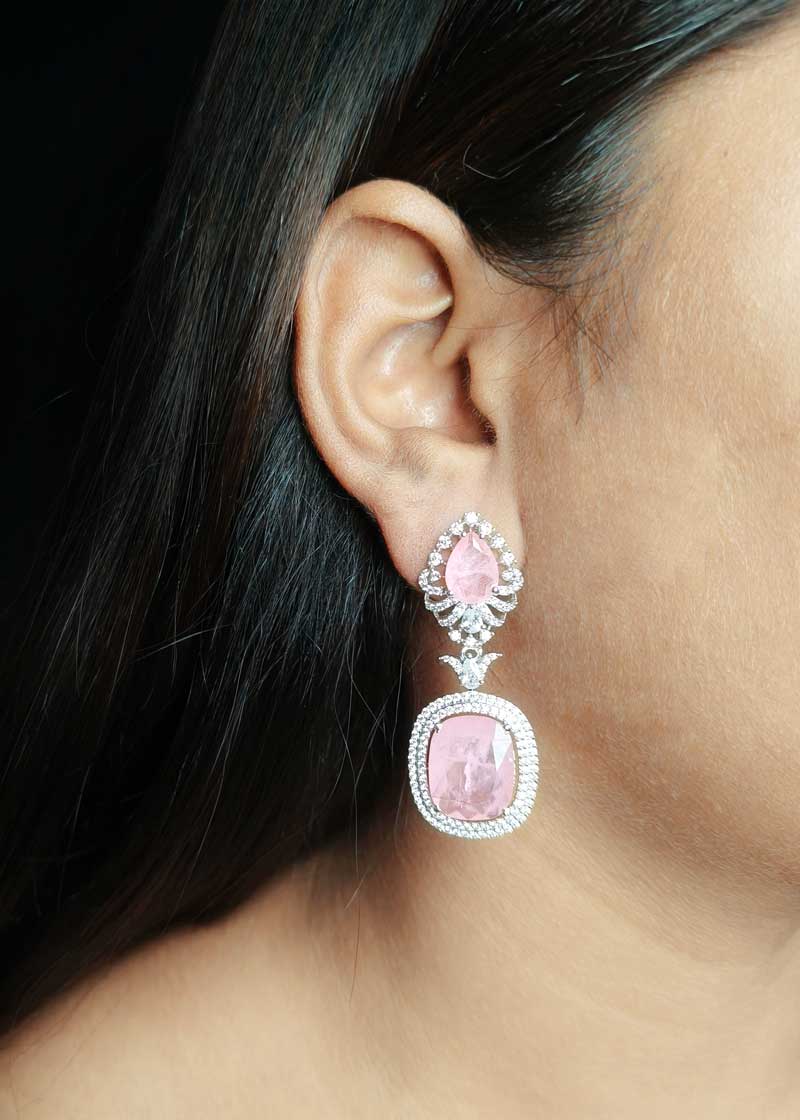 Elegant Teardrop Pestle Pink Cubic Zircon Silver Plated Choker Necklace Set