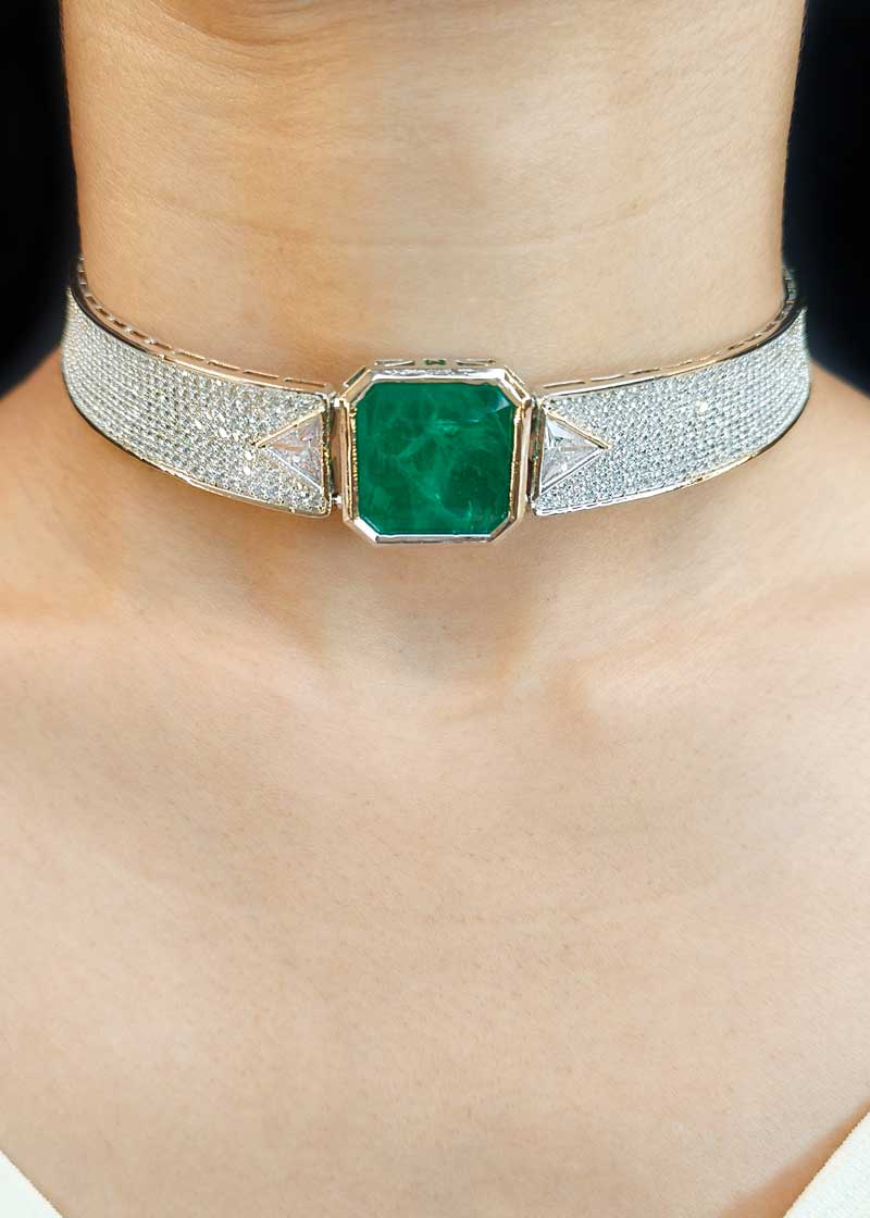 Modern Geometric Green Emerald Cubic Zircon Silver Plated Choker Necklace Set
