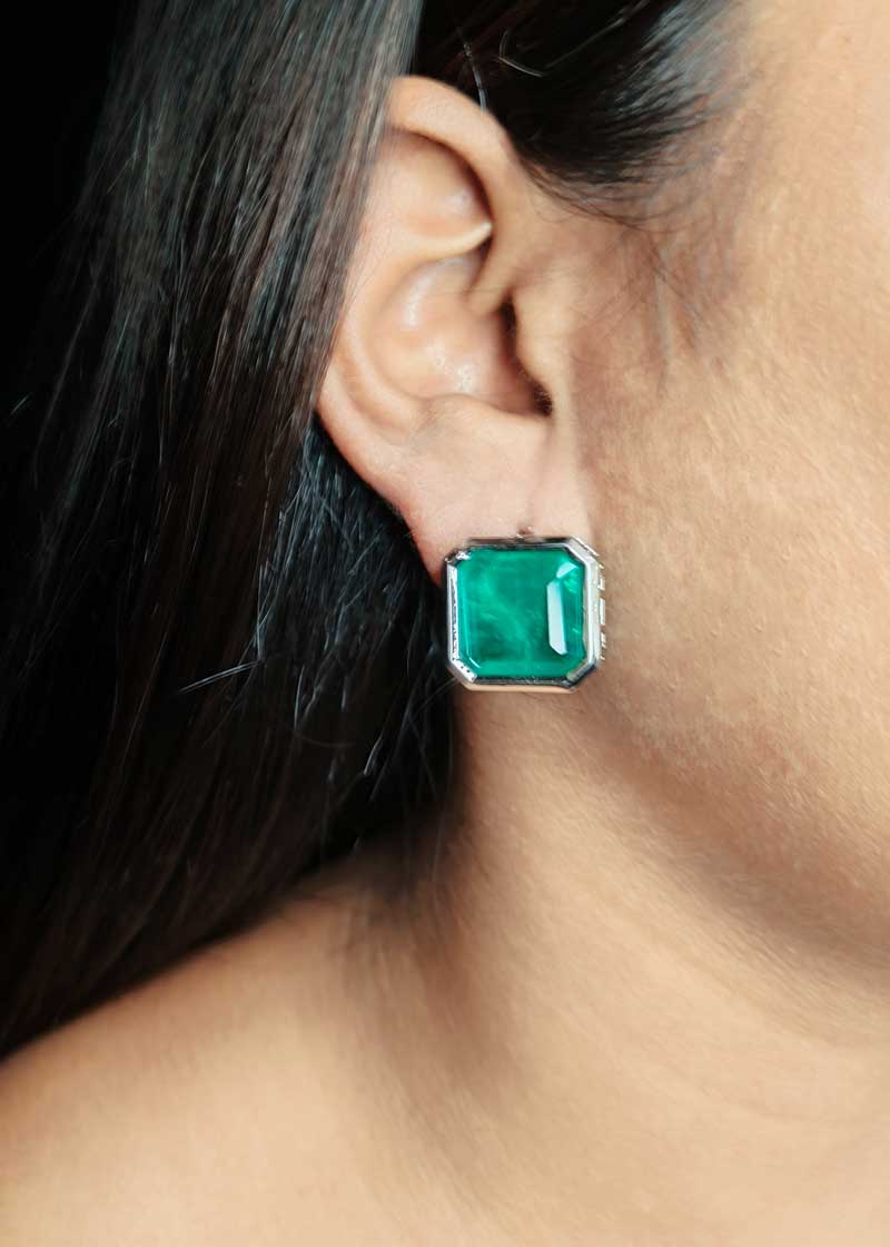 Modern Geometric Green Emerald Cubic Zircon Silver Plated Choker Necklace Set