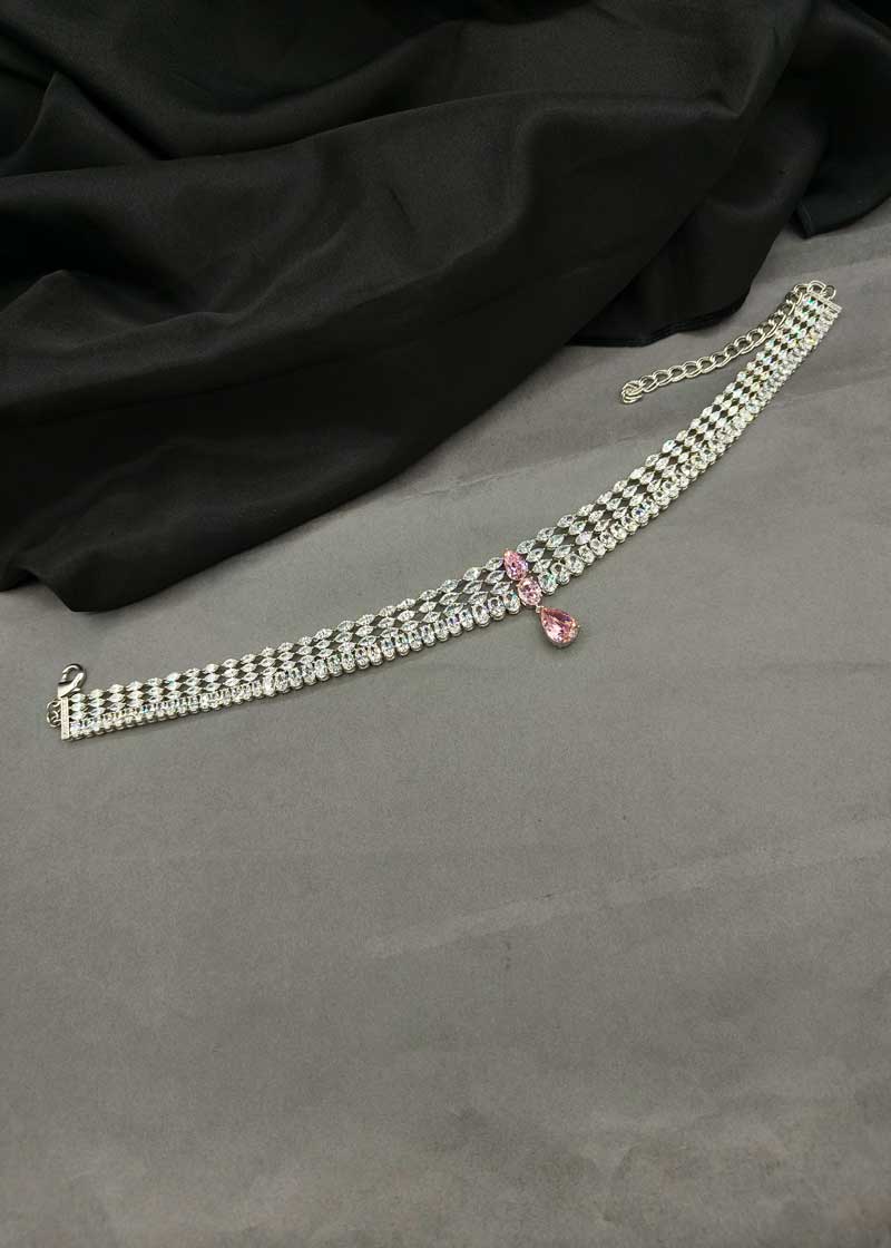 Marquise Cut Multi Row Lace Diamond Silver Plated Choker Necklace Set