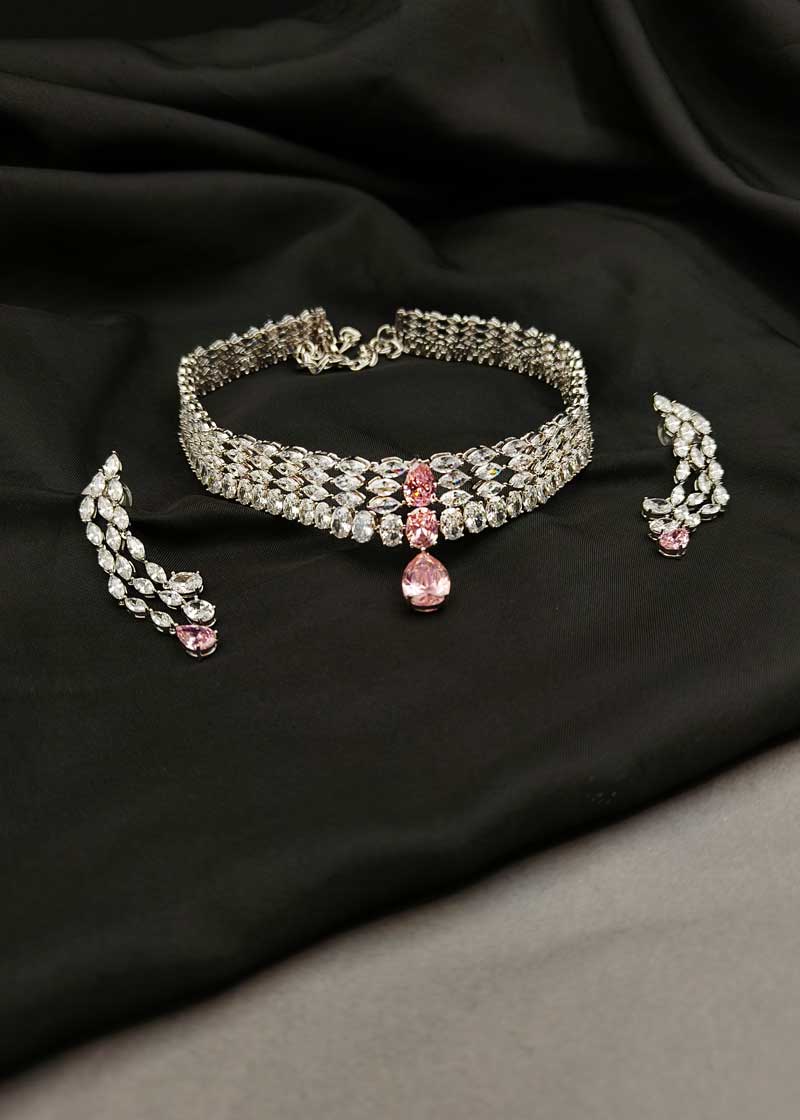 Marquise Cut Multi Row Lace Diamond Silver Plated Choker Necklace Set