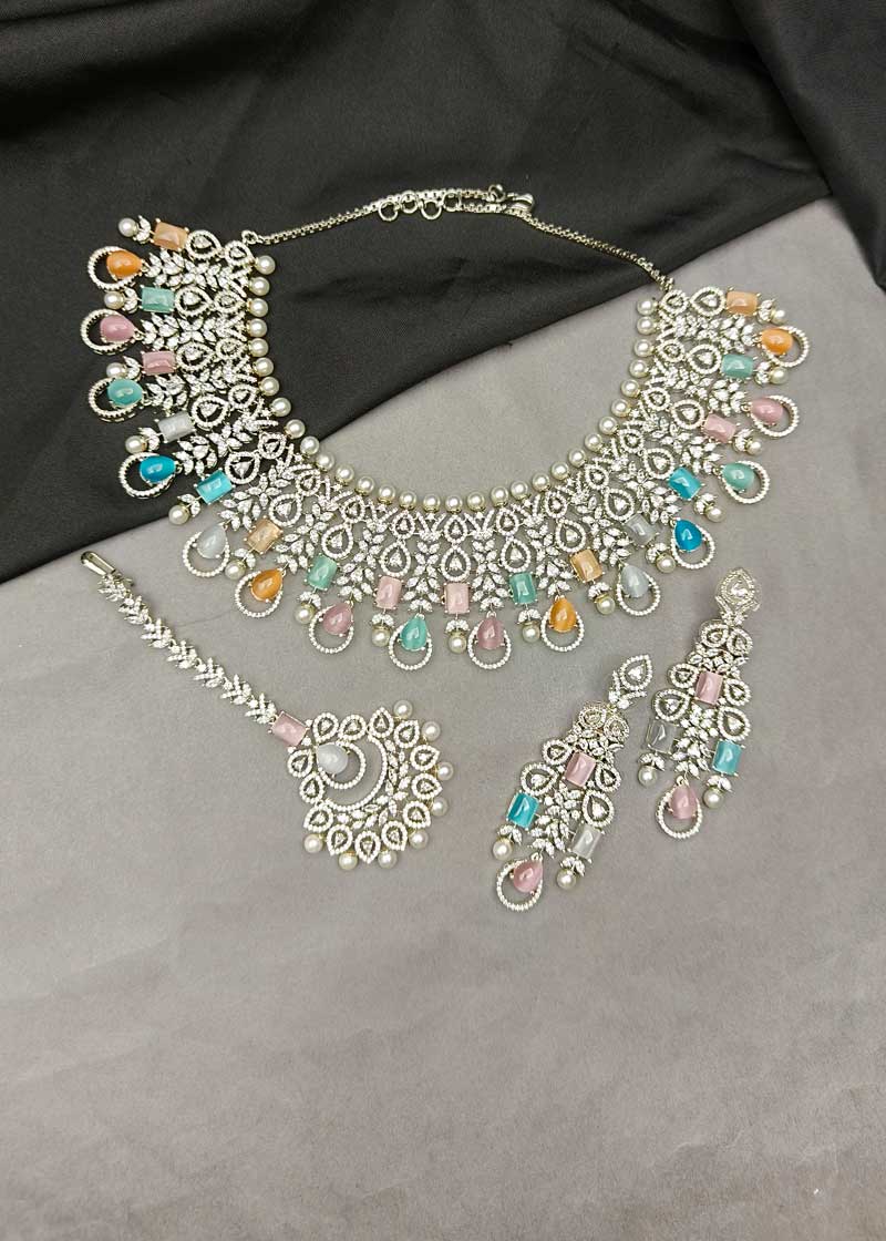 Luxurious Pastel Stone Marquise Cubic Zircon Silver Plated Necklace Set With Maang Tikka