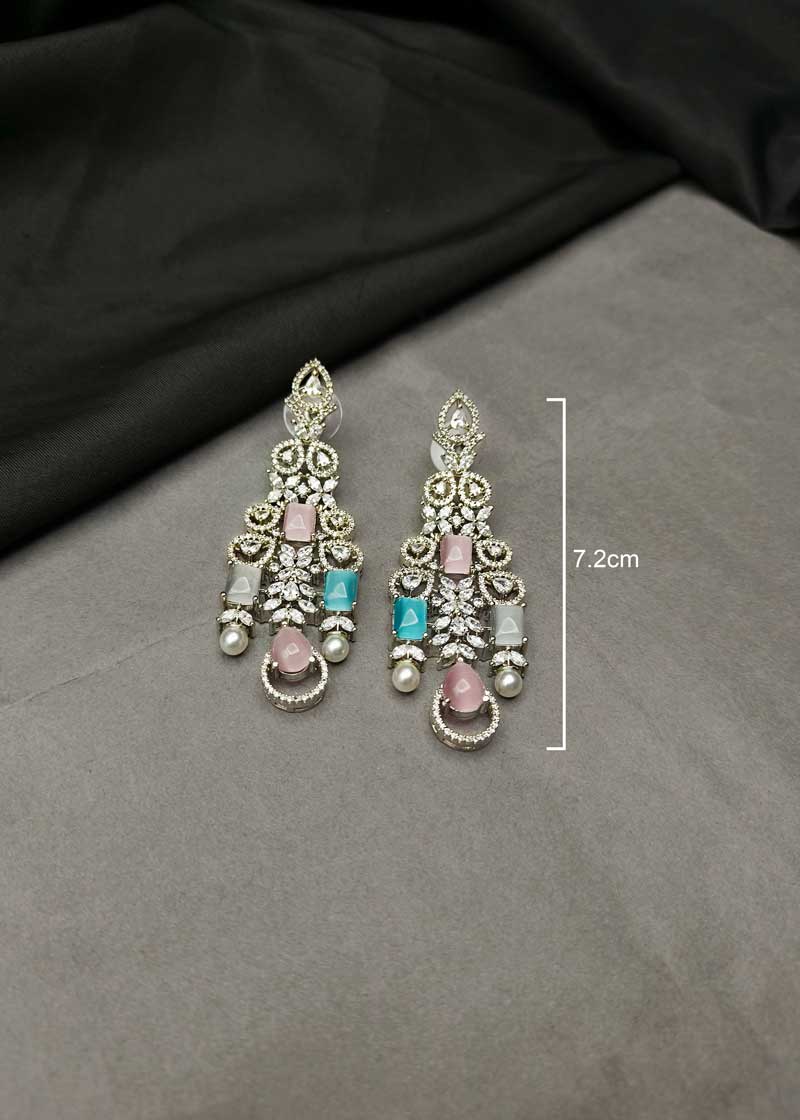 Luxurious Pastel Stone Marquise Cubic Zircon Silver Plated Necklace Set With Maang Tikka