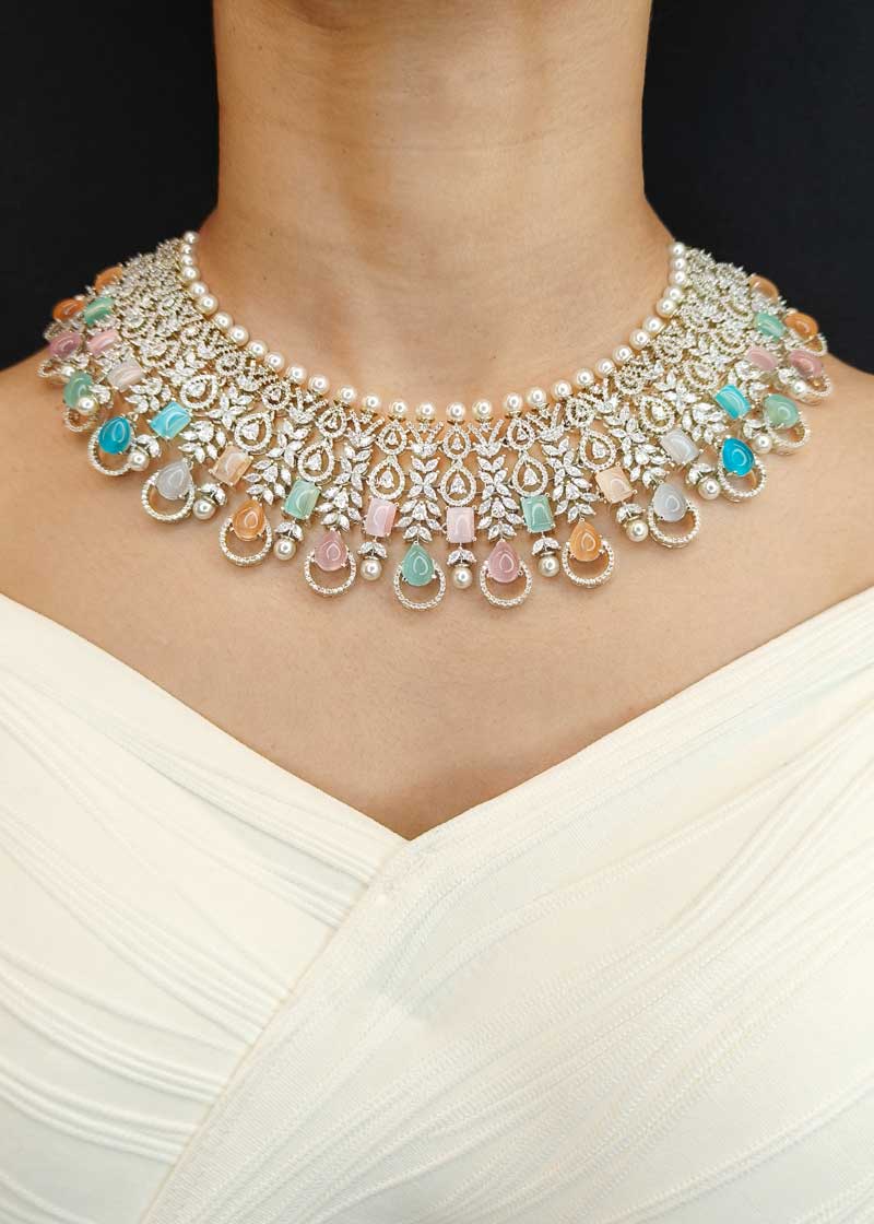 Luxurious Pastel Stone Marquise Cubic Zircon Silver Plated Necklace Set With Maang Tikka