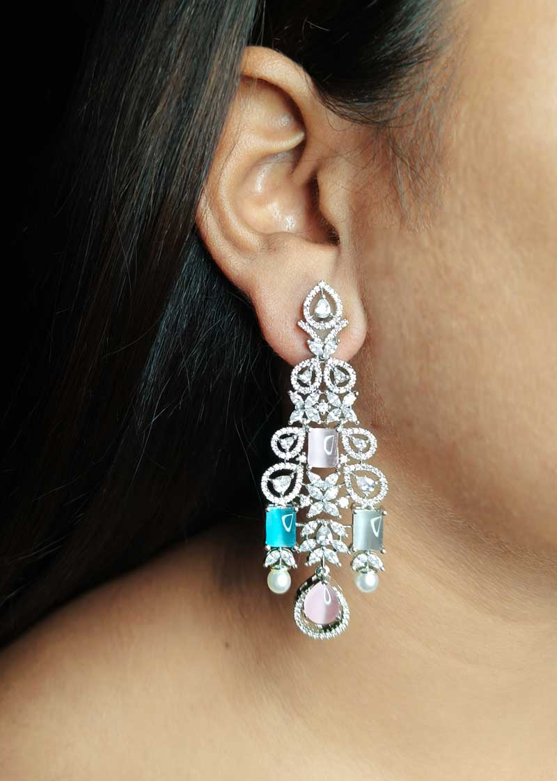 Luxurious Pastel Stone Marquise Cubic Zircon Silver Plated Necklace Set With Maang Tikka