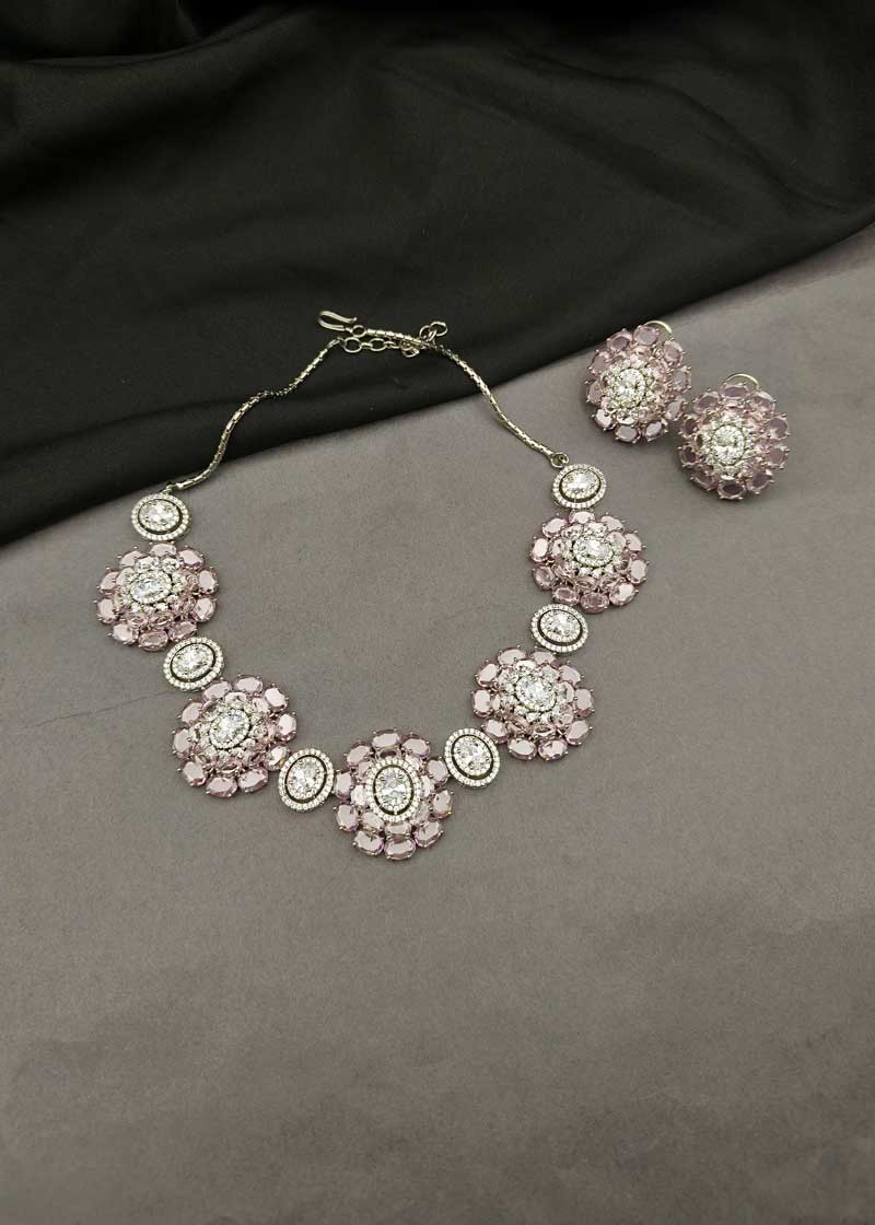 Pastel Pink Traditional Floral Design Silver Plated Diamond Choker Necklace Set