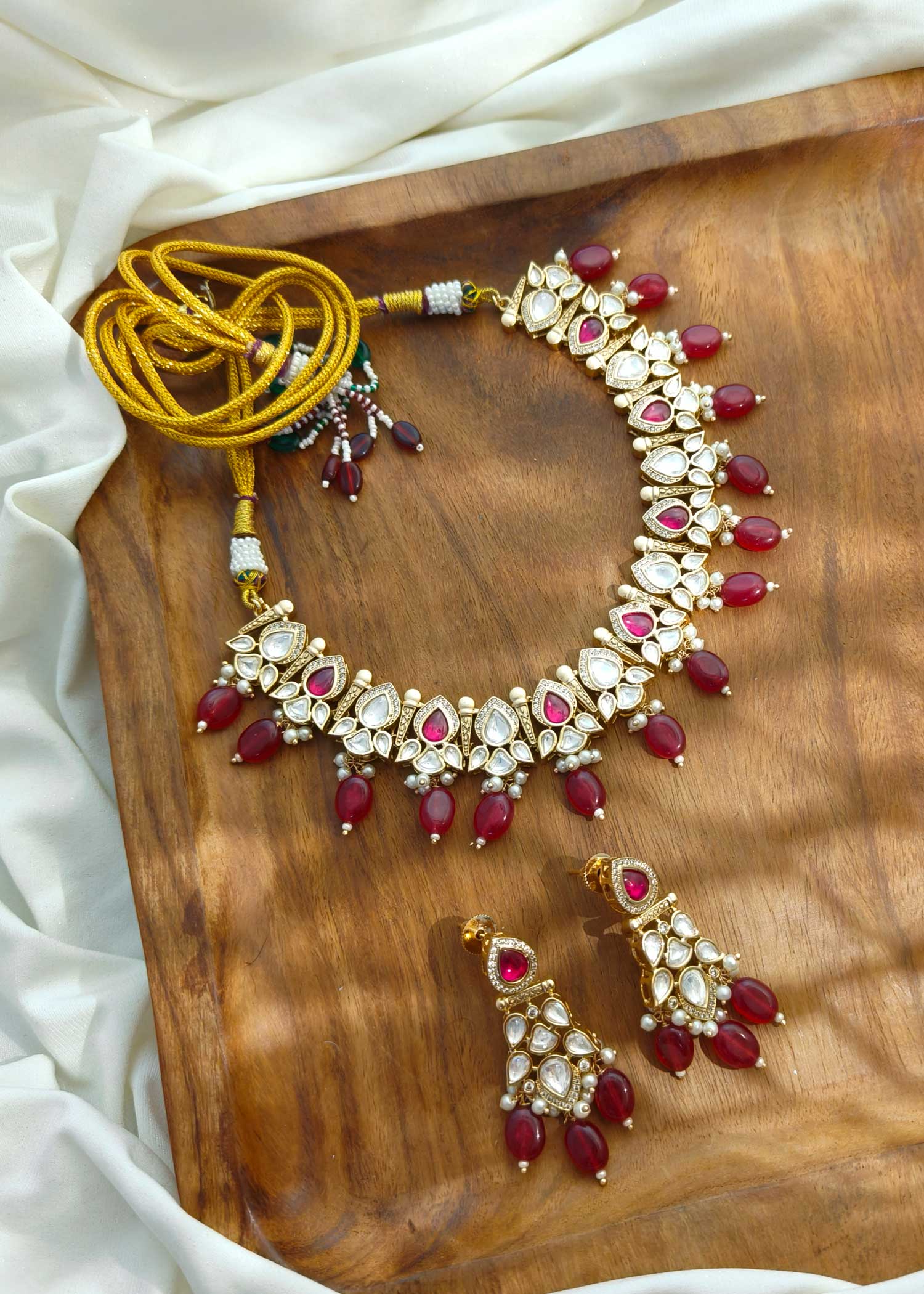 Matt Gold Plain / Ruby / Emerald Kundan Pearl Short Necklace Set