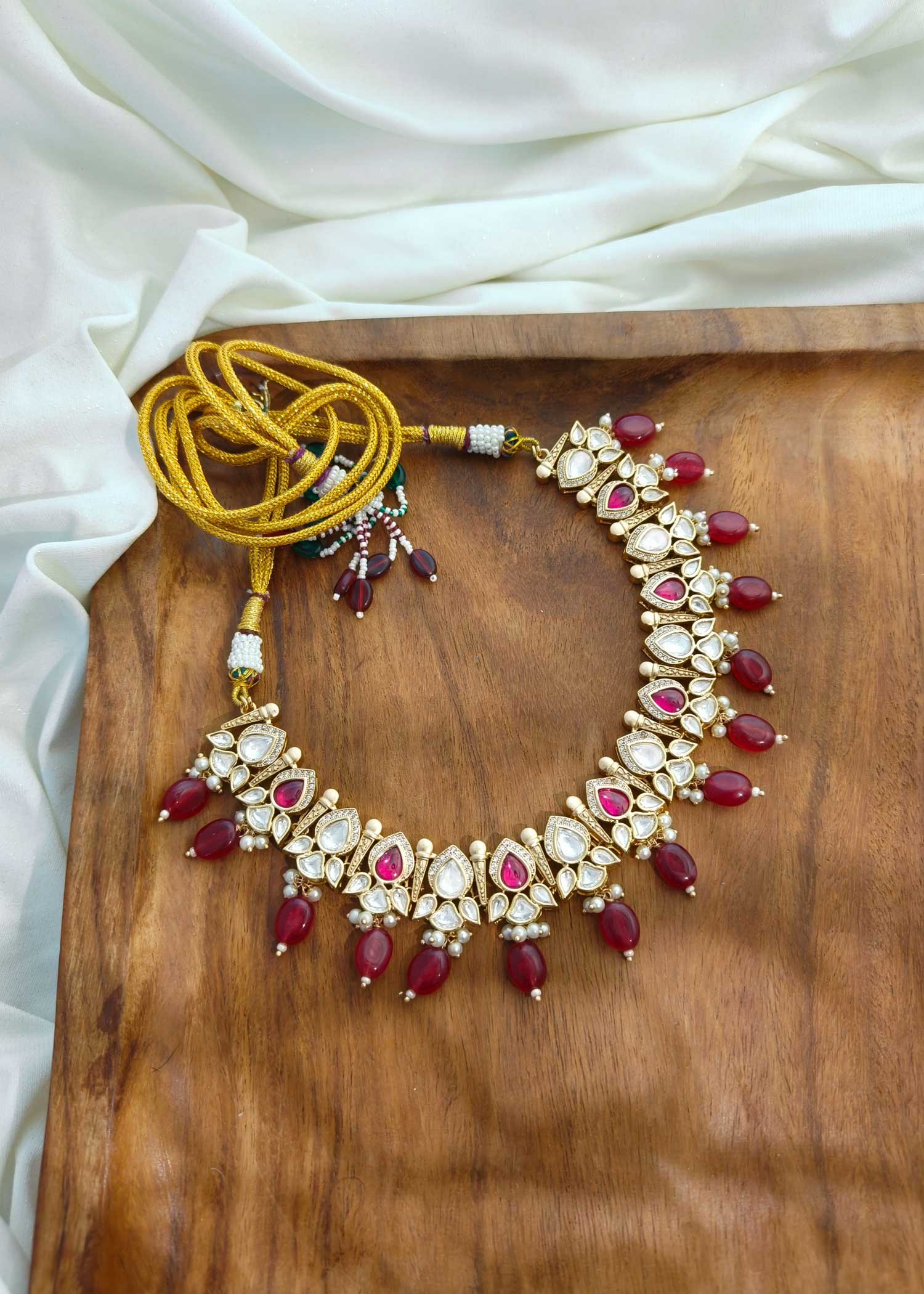 Matt Gold Plain / Ruby / Emerald Kundan Pearl Short Necklace Set
