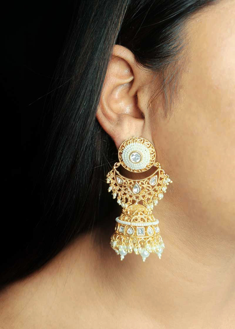 Traditional Gold Plated Kundan And Pearl Choker Necklace Set With Chandbali Jhumka Earrings