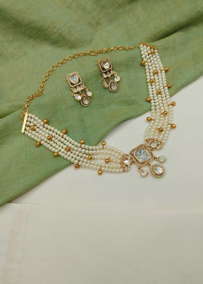 Stunning Multi Strand Pearl With Gold Plated Kundan And Cubic Zircon Choker Necklace Set