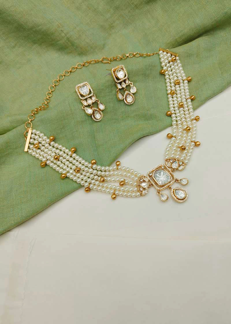 Stunning Multi Strand Pearl With Gold Plated Kundan And Cubic Zircon Choker Necklace Set