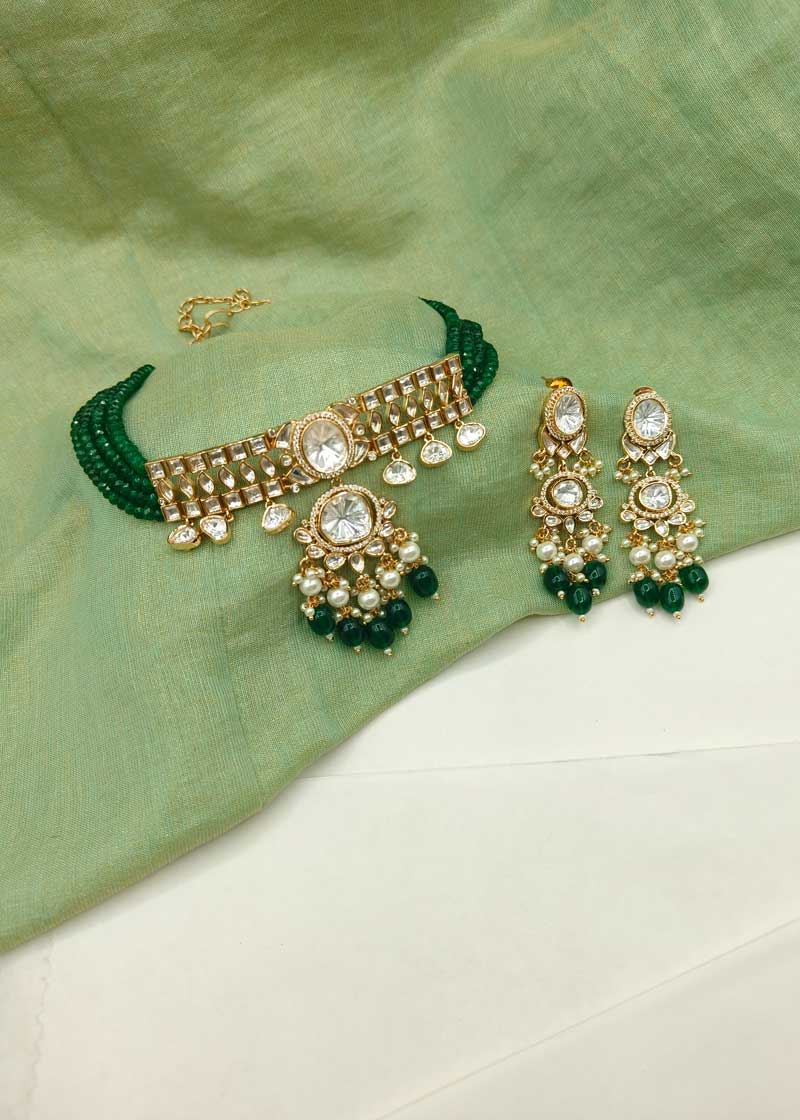 Classic Green Bead With Gold Plated Kundan And Cubic Zircon Choker Necklace Set