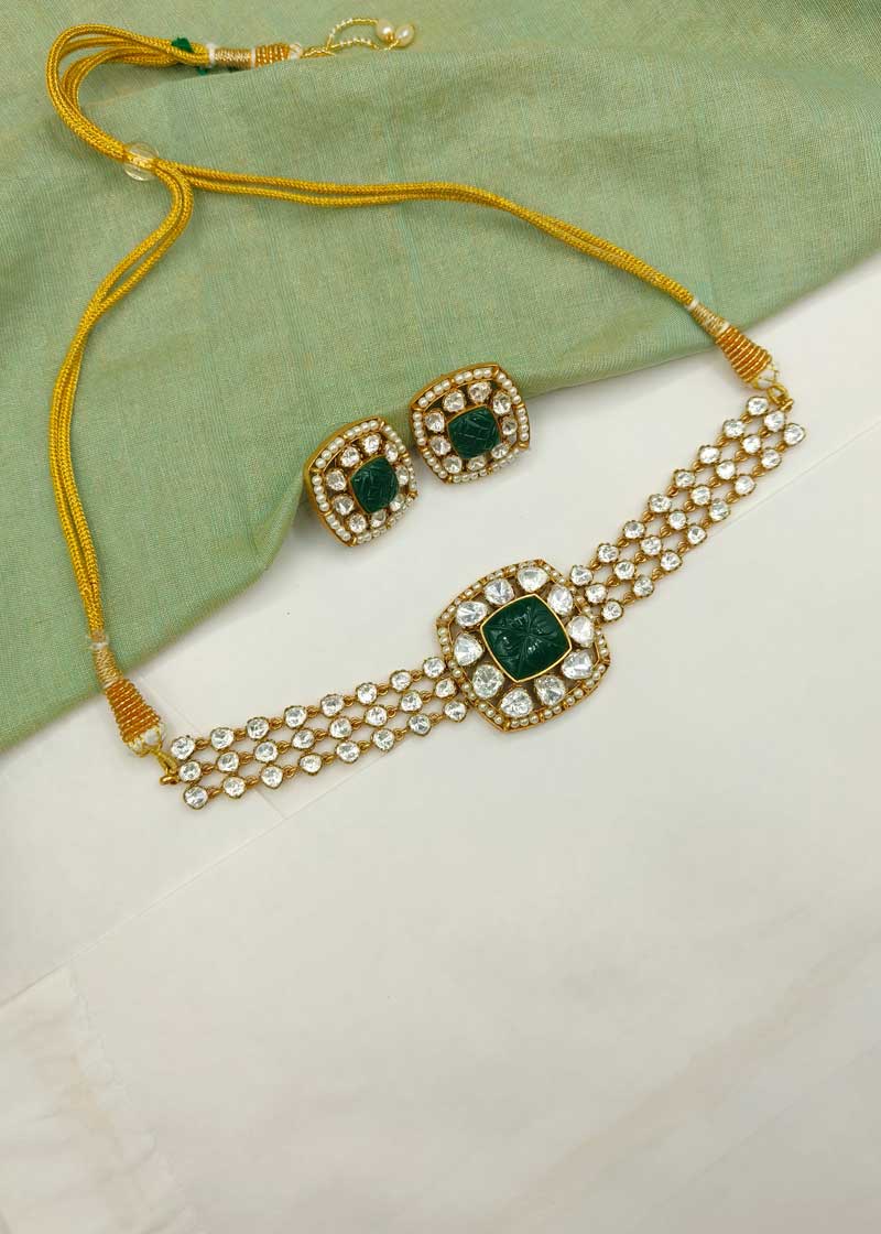 Emerald Green Carved Kundan Polki Gold Plated Choker Necklace Set