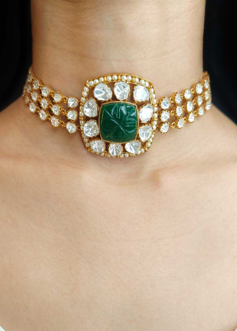 Emerald Green Carved Kundan Polki Gold Plated Choker Necklace Set