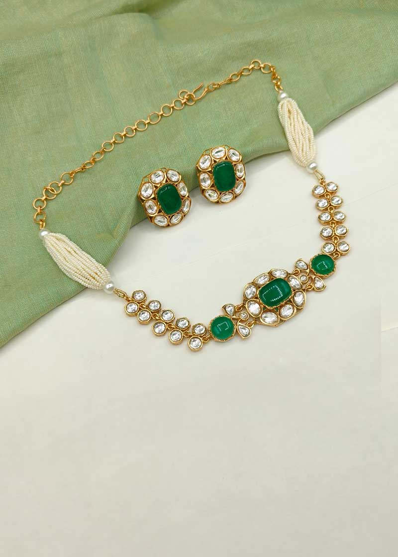 Kundan Polki Gold Plated Choker Necklace Set With Side Pearl Strands