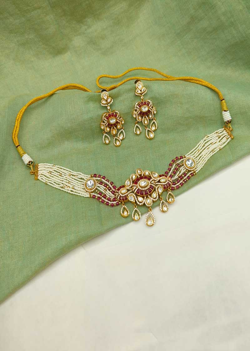 Shimmering Kundan Polki Cubic Zircon And Fine Small Pearls Gold Plated Choker Necklace Set