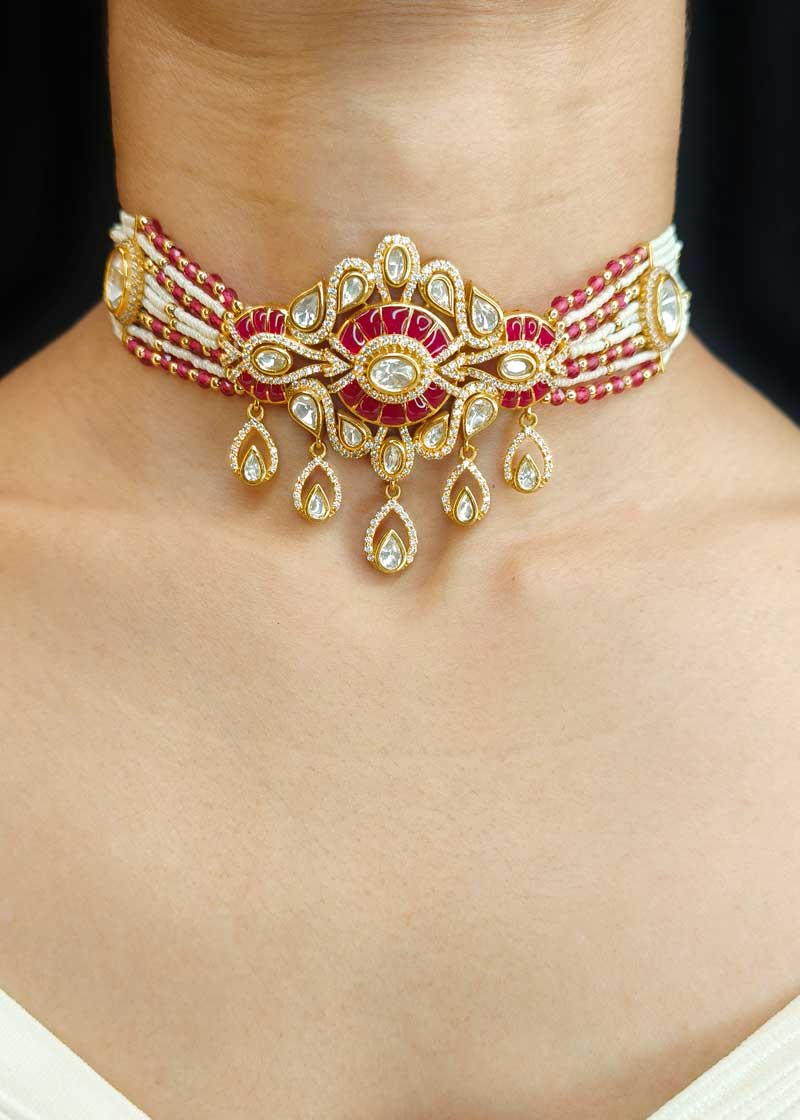 Shimmering Kundan Polki Cubic Zircon And Fine Small Pearls Gold Plated Choker Necklace Set