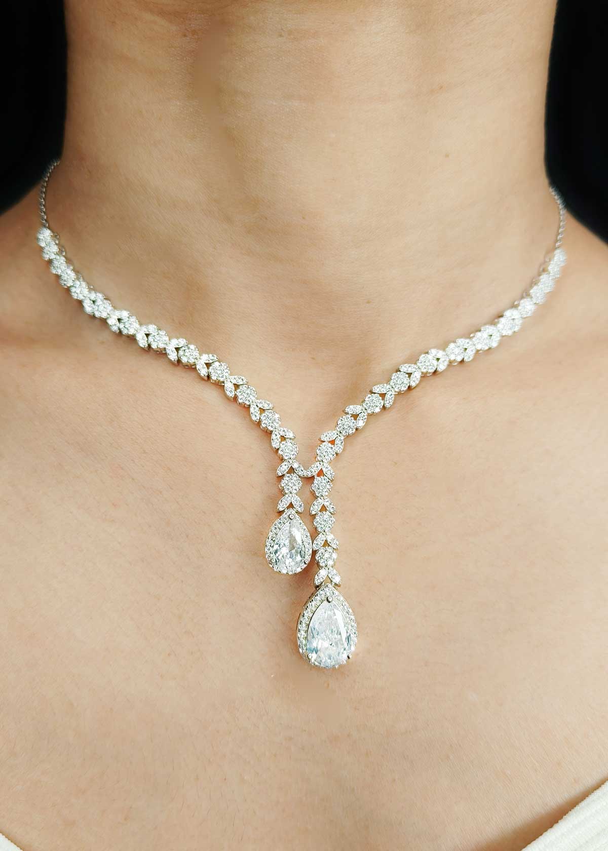 92.5 Sterling Silver Double Teardrop Pendant Cubic Zircon Necklace Set