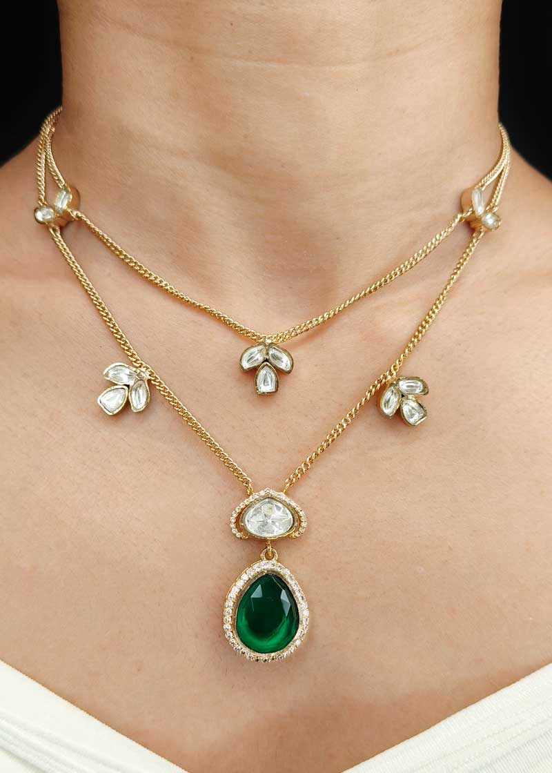 Regal Tear Drop Emerald, Cubic Zircon And Kundan Matte Gold Plated Layered Pendant Set With Chain