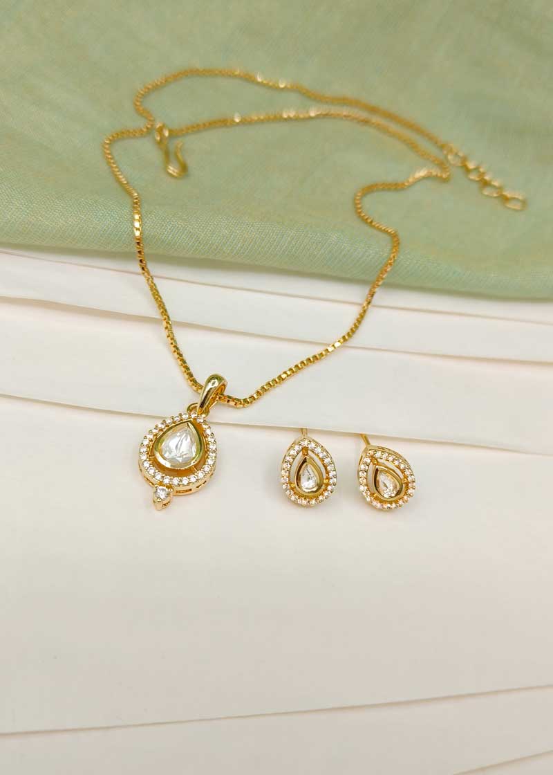 Delicate Gold Plated Teardrop Kundan And Cubic Zircon Pendant Set With Chain
