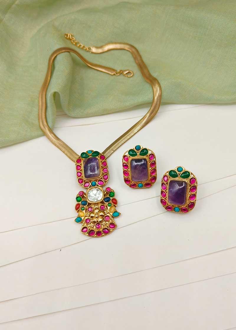 Kundan And Multi Stone Matt Gold Plated Pendant Set With Adjustable Snake Chain