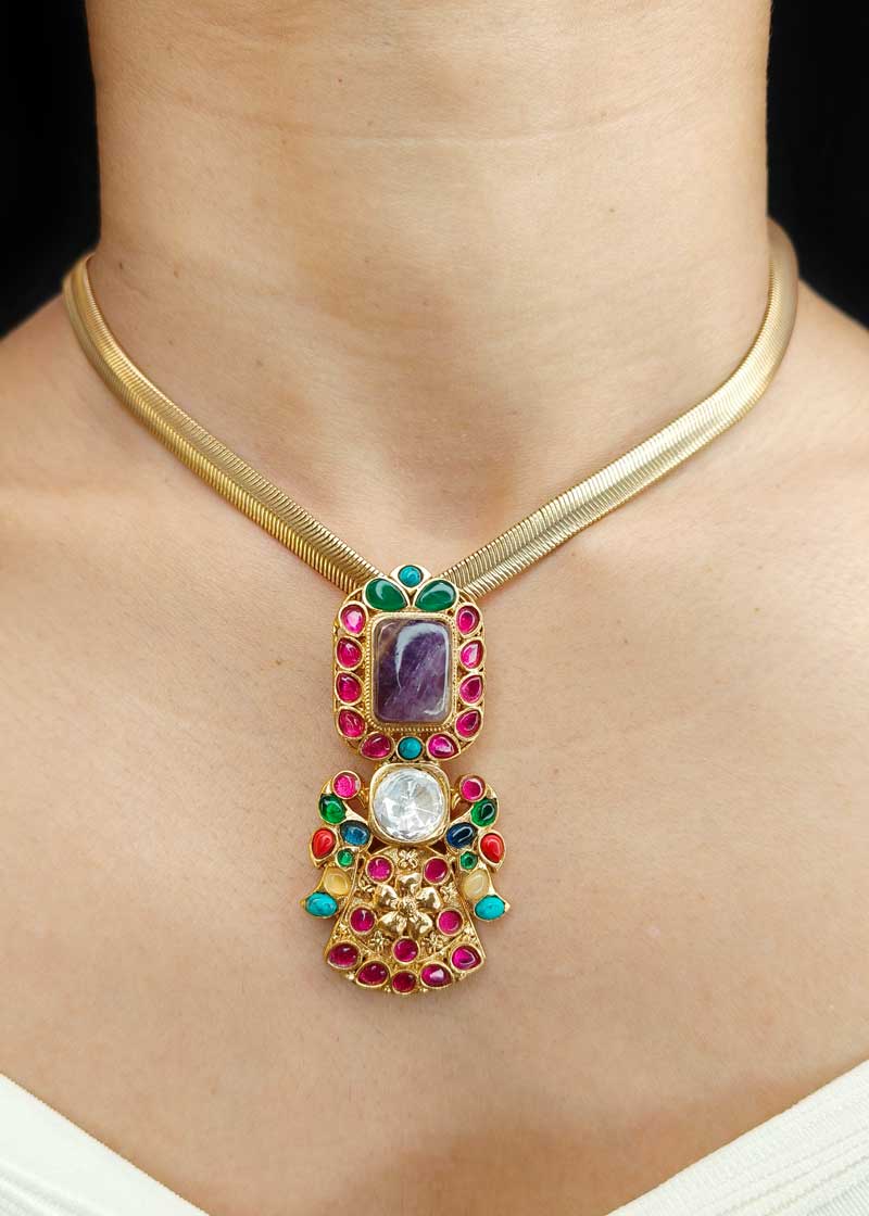 Kundan And Multi Stone Matt Gold Plated Pendant Set With Adjustable Snake Chain