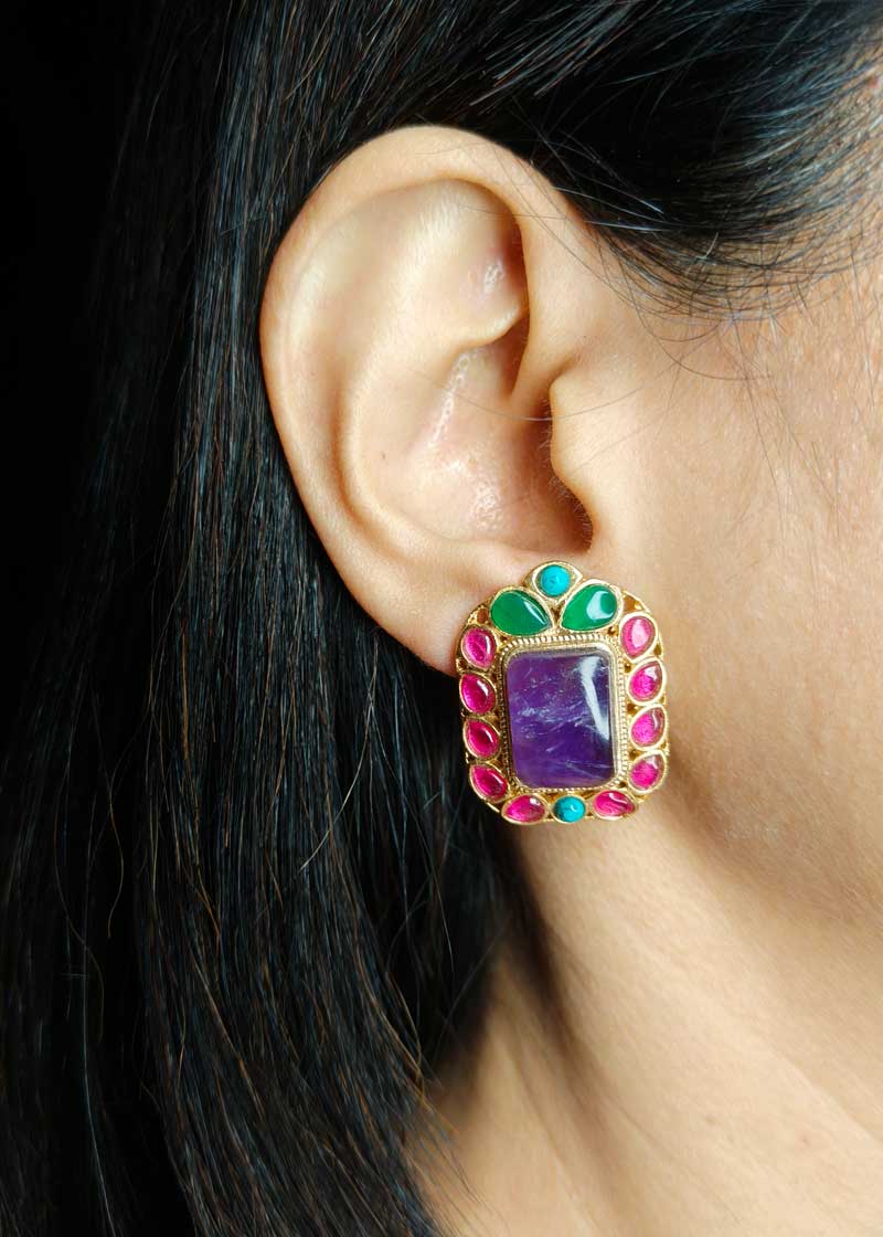 Kundan And Multi Stone Matt Gold Plated Pendant Set With Adjustable Snake Chain