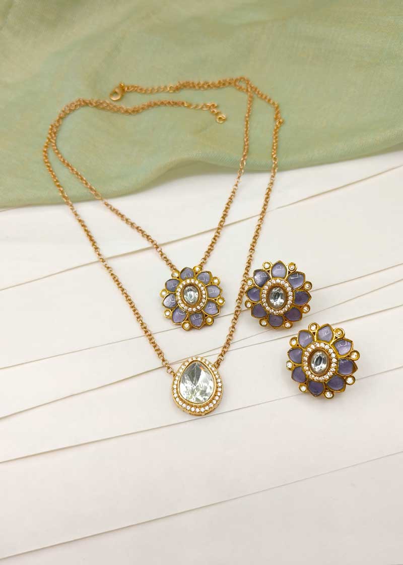 Dual Layer Kundan And Cubic Zircon Floral Pendant Set With Double Chain