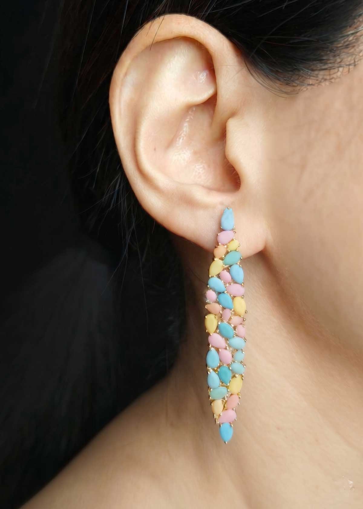 Pastel Multi Color Cubic Zircon Gold Plated Long Geometric Style Earrings