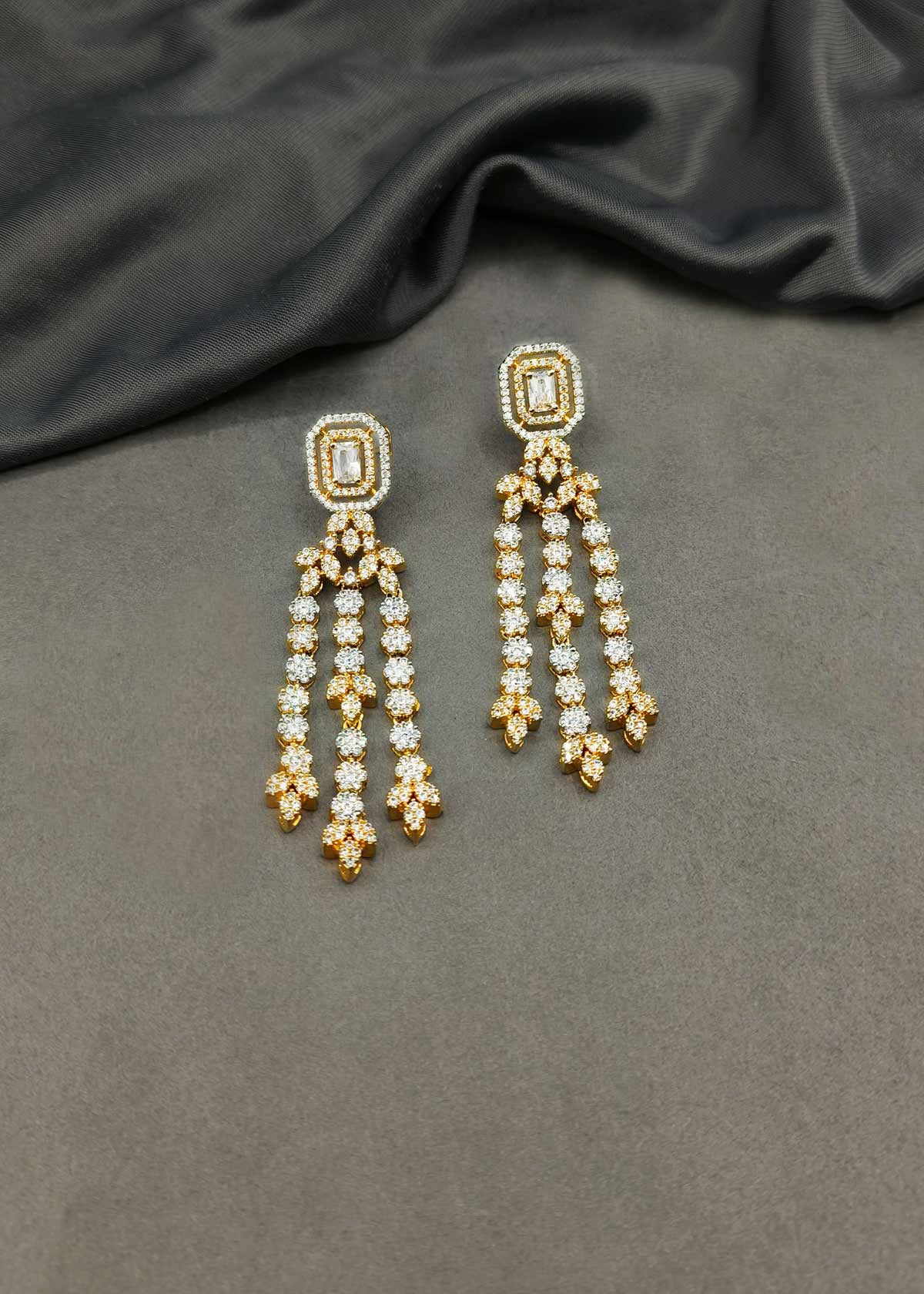 Gold And Silver Plated Cubic Zircon Three Strand Long Earrings