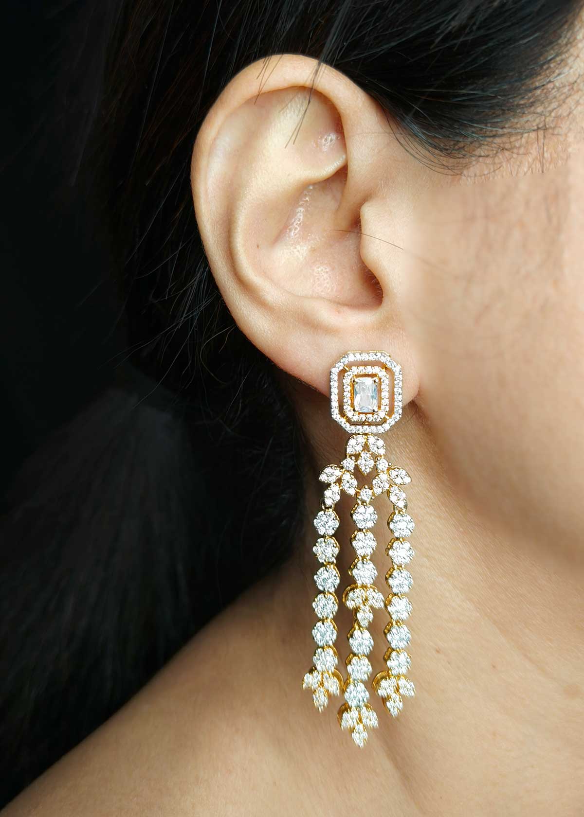 Gold And Silver Plated Cubic Zircon Three Strand Long Earrings