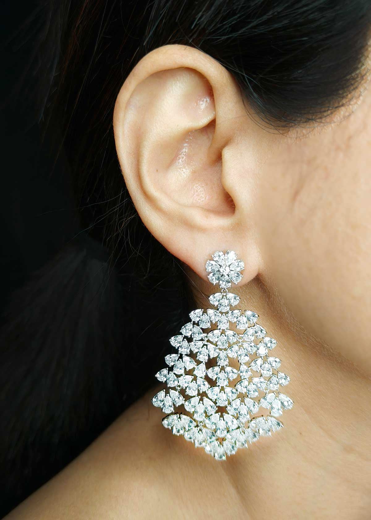 Elegant Silver Plated Tear Drop Diamond Long Earrings