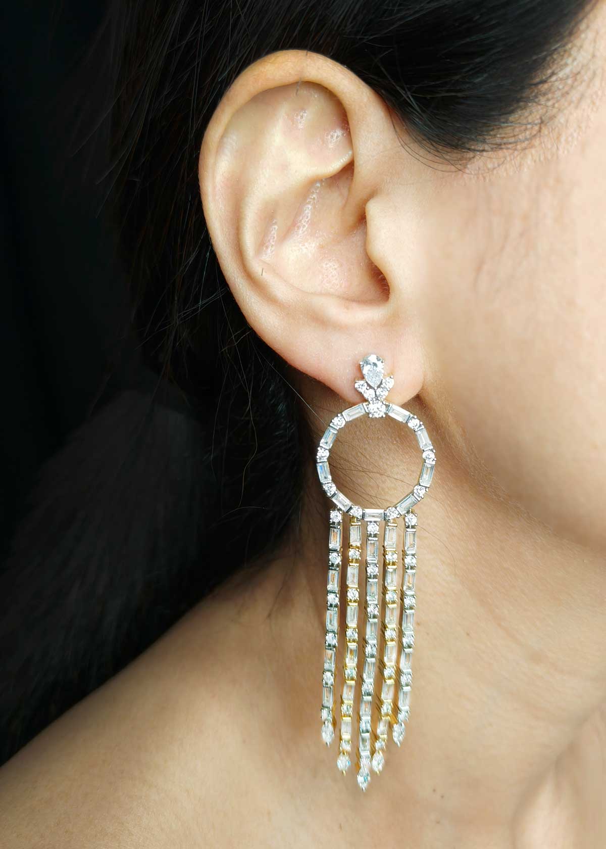 Radiant Dual Tone Geometric Marquise Diamond Long Earrings