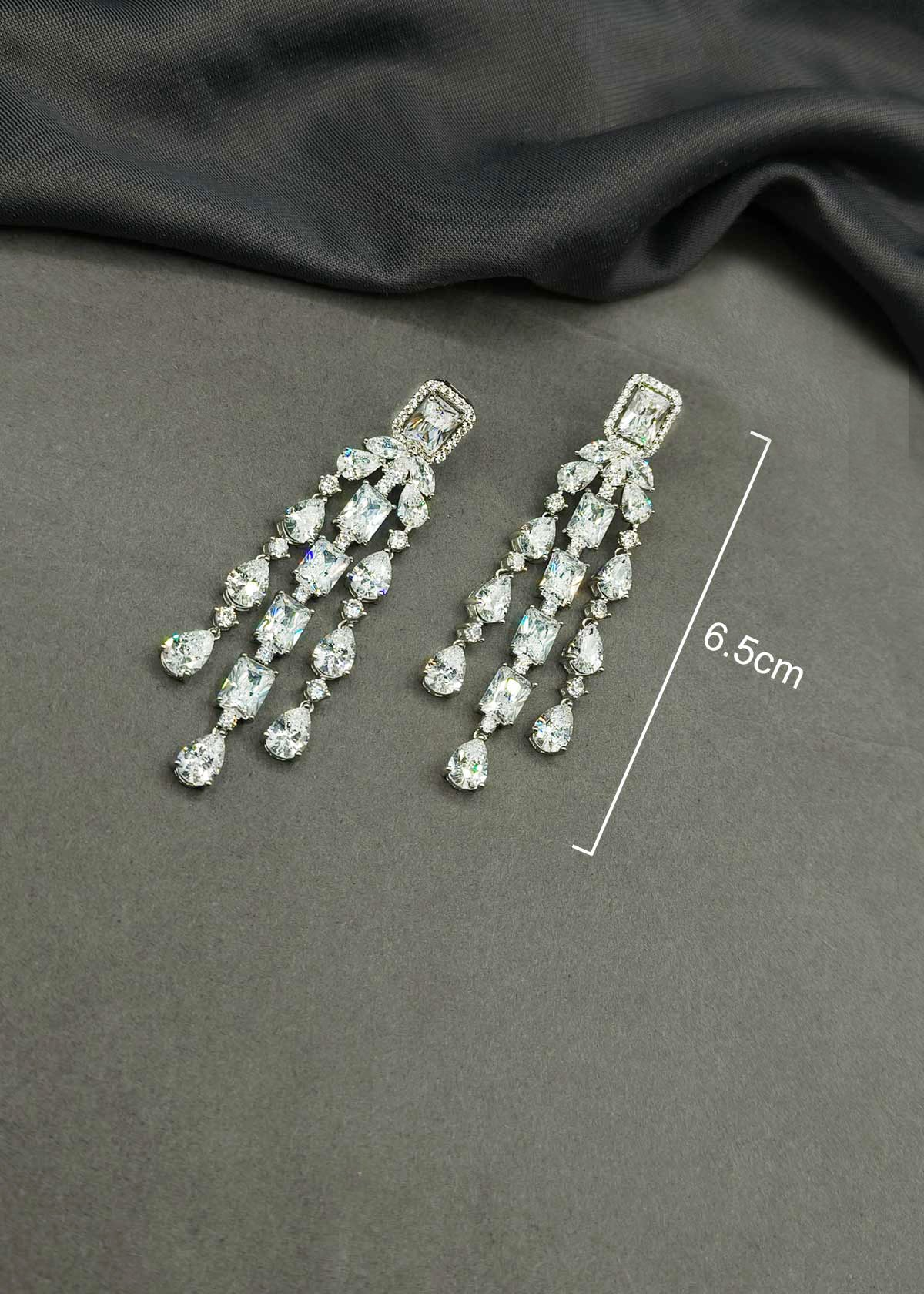 Triple Strand Silver Plated Multi Cut Diamond Long Earrings
