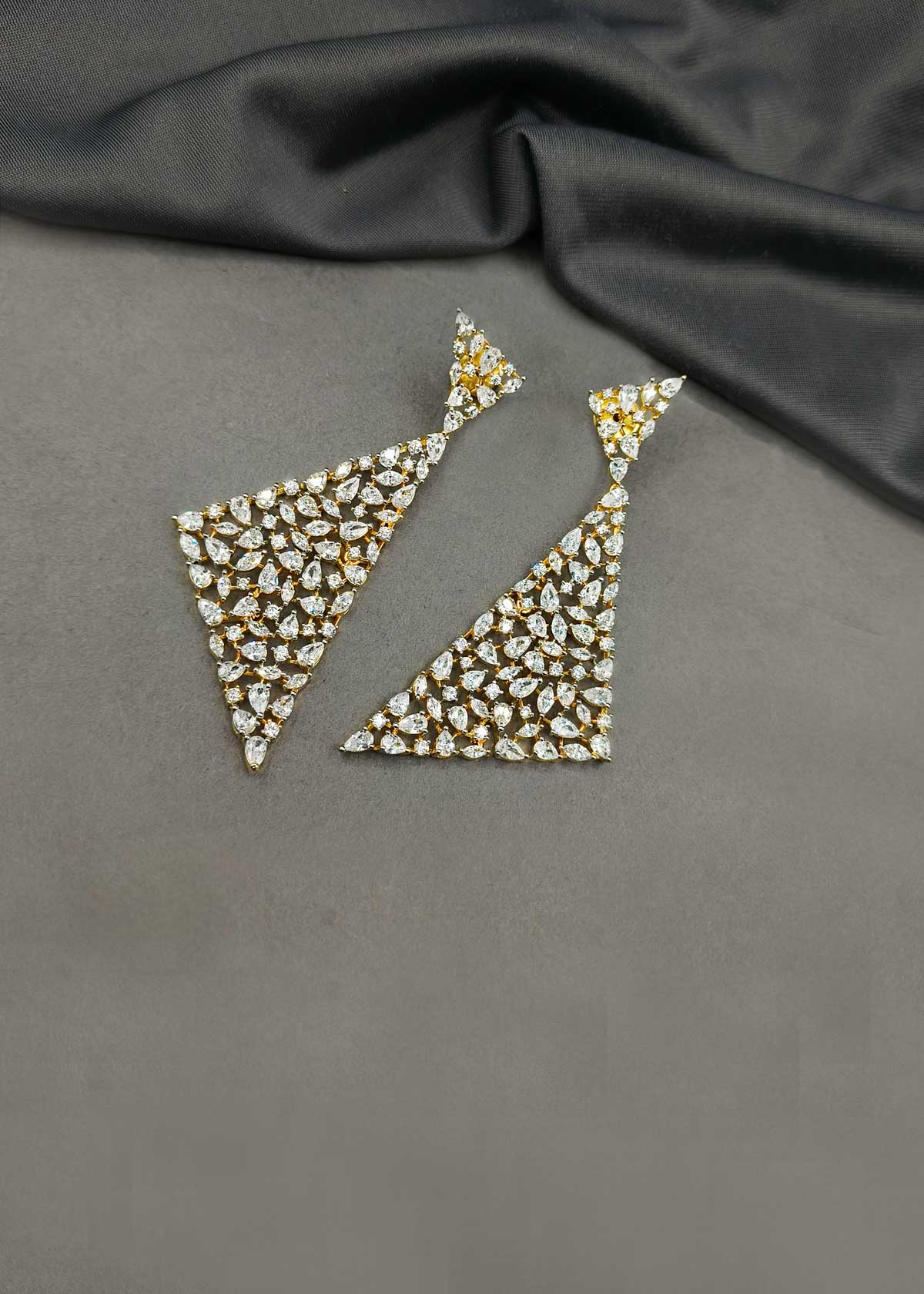 Geometric Dual Tone Marquise Diamond Cubic Zircon Triangle Statement Long Earrings