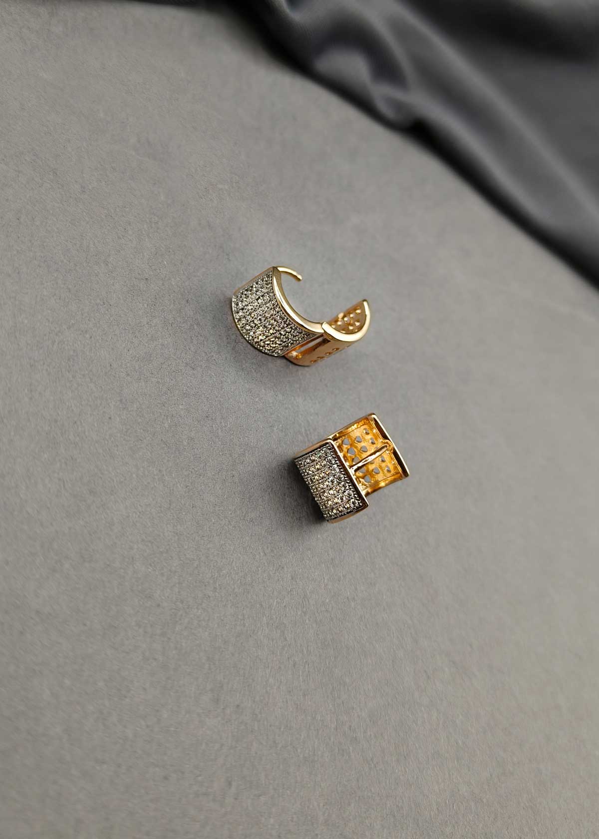 Dual Tone Cubic Zircon Pave Set Rectangular Small Bali Earrings For Women