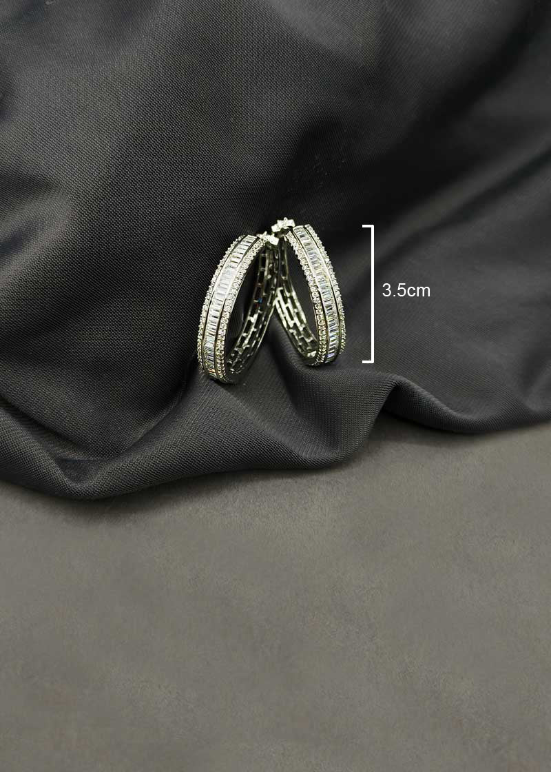 Premium Dual Tone Baguette Diamond Bali Hoop Earrings For Women