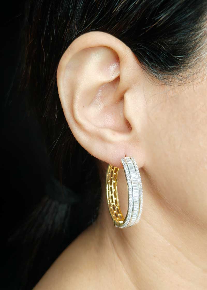 Premium Dual Tone Baguette Diamond Bali Hoop Earrings For Women