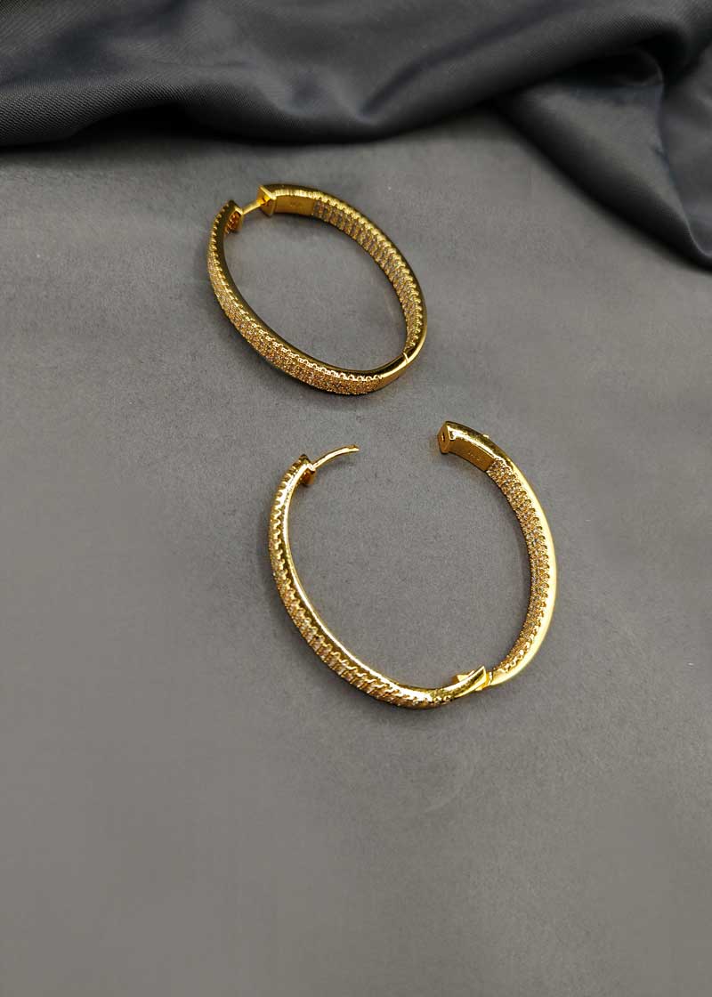 Oval Shape Cubic Zircon Dual Tone Bali Hoop Earrings For Women