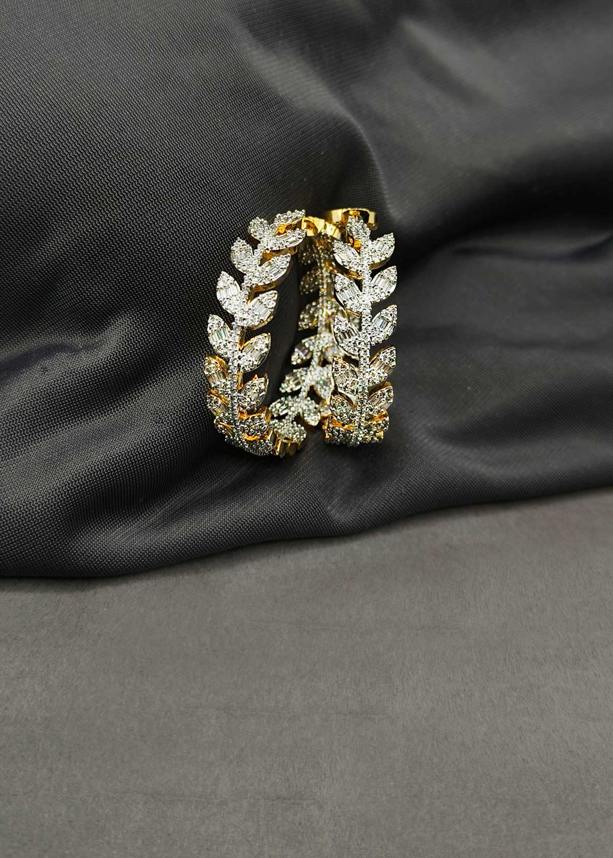 Shimmering Cubic Zircon Leaf Pattern Dual-Tone Bali Hoop Earrings For Women