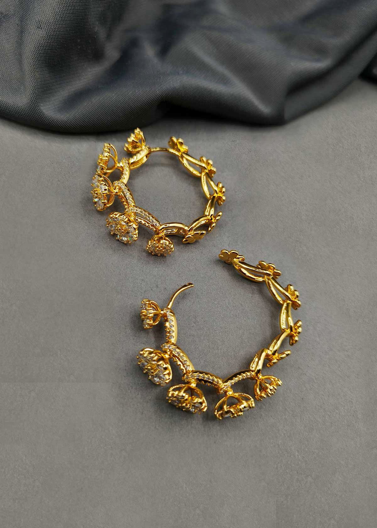 Cubic Zircon Gold And Silver Plated Floral Style Bali Hoop Earrings For Women