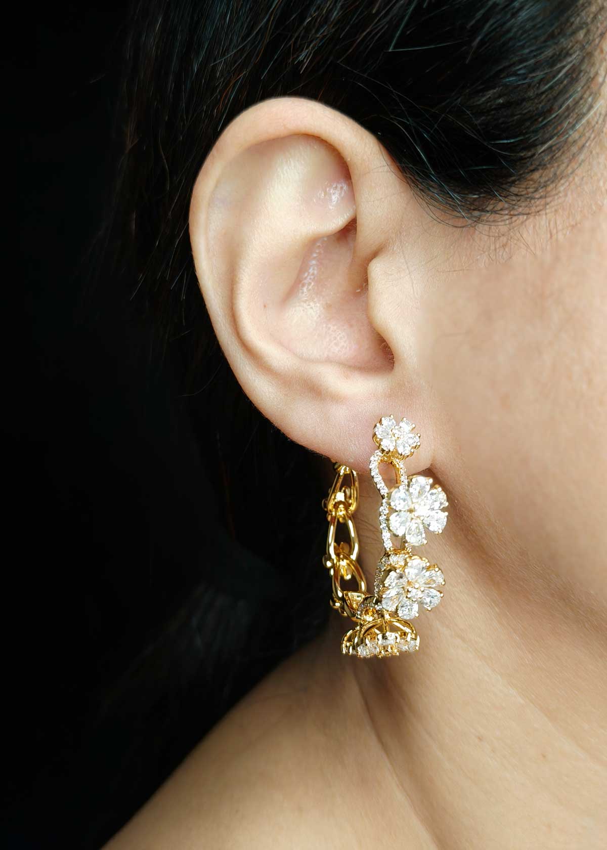 Cubic Zircon Gold And Silver Plated Floral Style Bali Hoop Earrings For Women